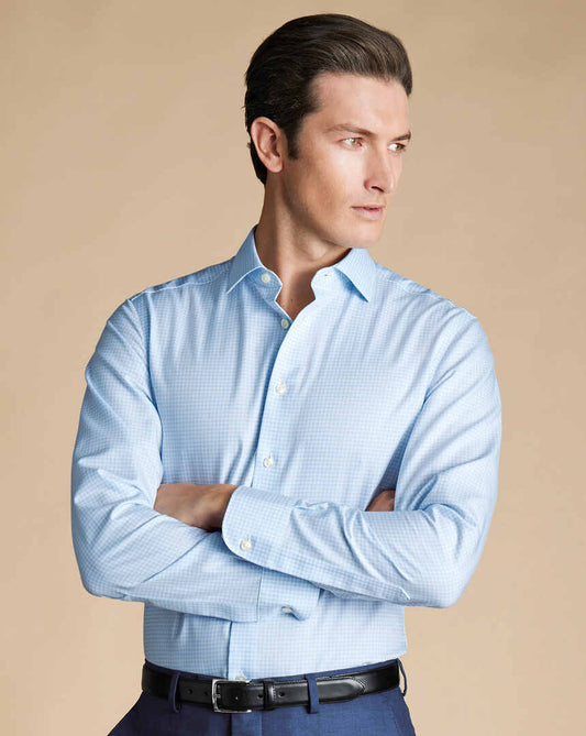 Semi-Spread Non-Iron Cotton Linen Shirt Check - Sky Blue