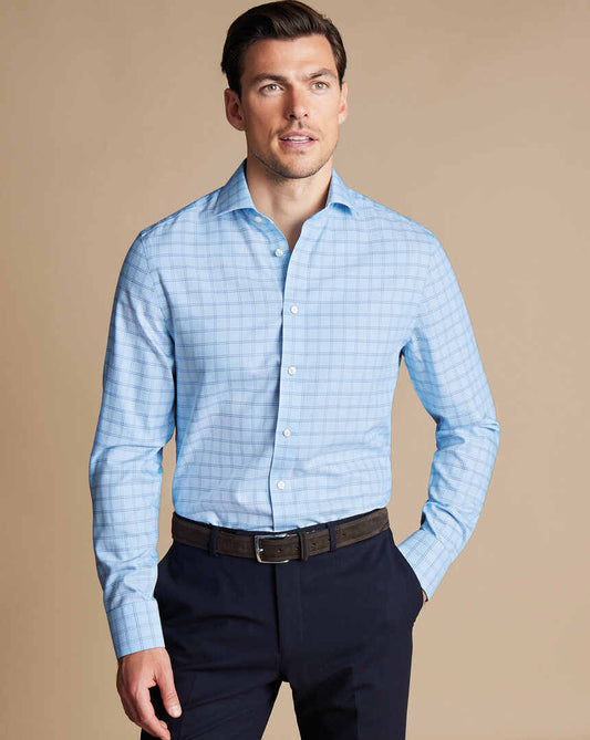 Spread Collar Non-Iron Mayfair Weave Check Shirt - Sky Blue